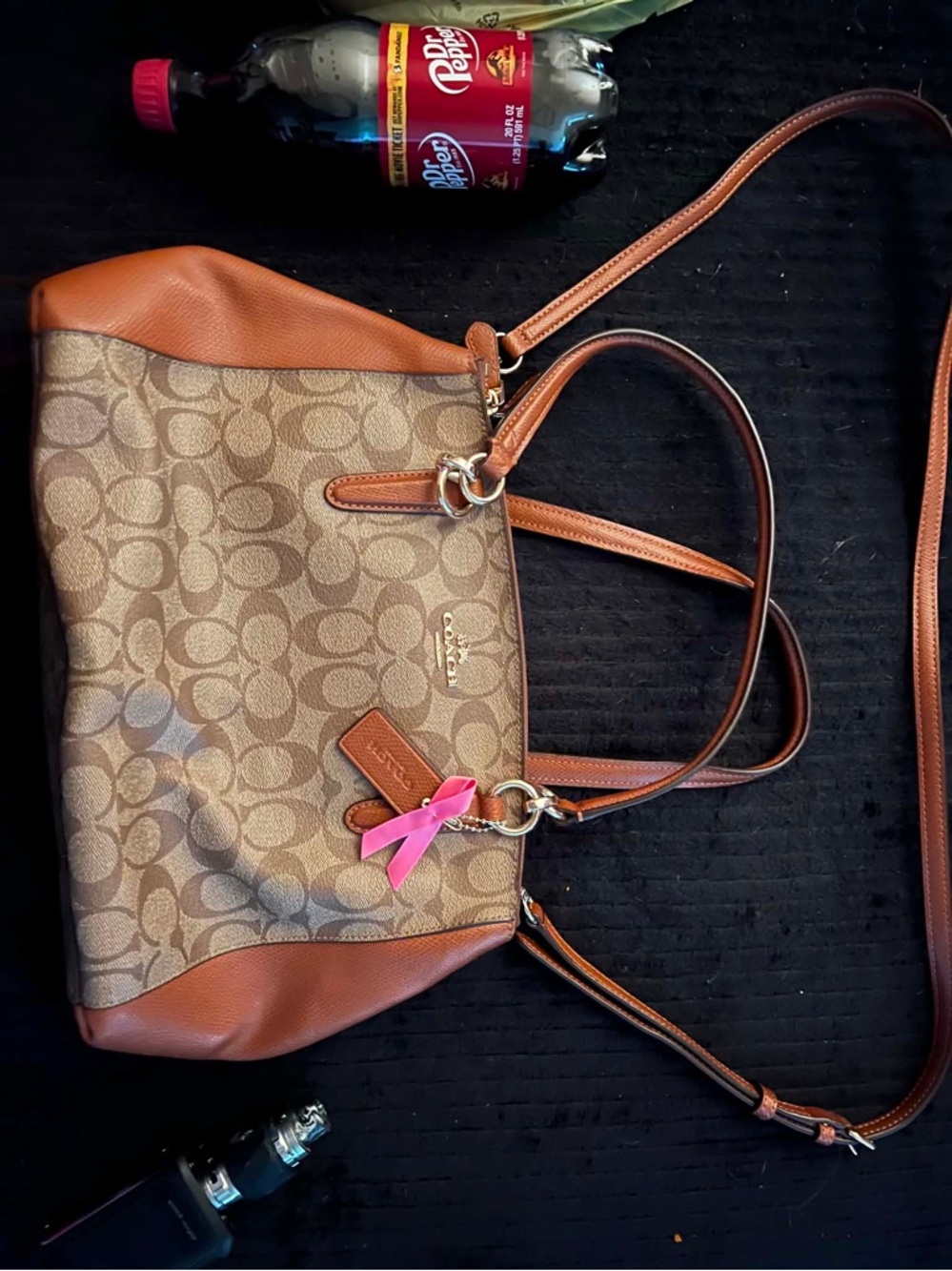 Coach Brown Signature Canvas Shoulder Bag with Tan Leather Trim
